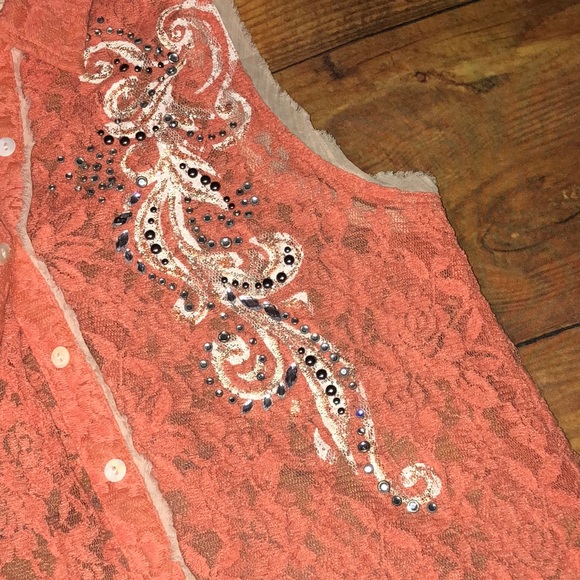 MISS ME~ Coral Embellished Sleeveless Lace Shirt~L - Picture 6 of 8